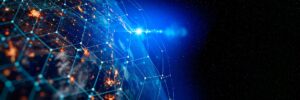 Digital network of connected data points wrapped around the globe