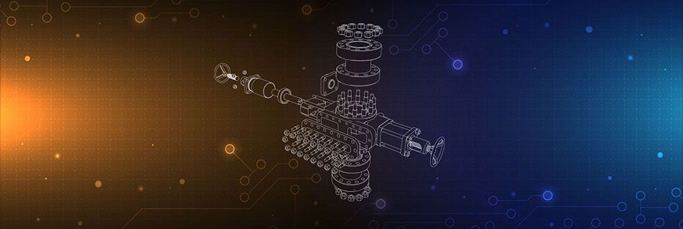 Wireframe illustration of a blowout preventer on a digital circuit background