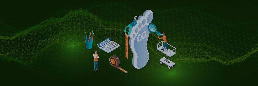Illustration of a carbon footprint surrounded by analysts and measuring tools, representing greenhouse gas emissions savings analysis