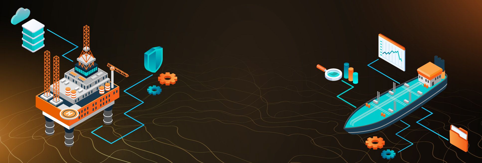 Illustration of an offshore platform and an intervention vessel linked by data flows to cloud storage and reporting tools