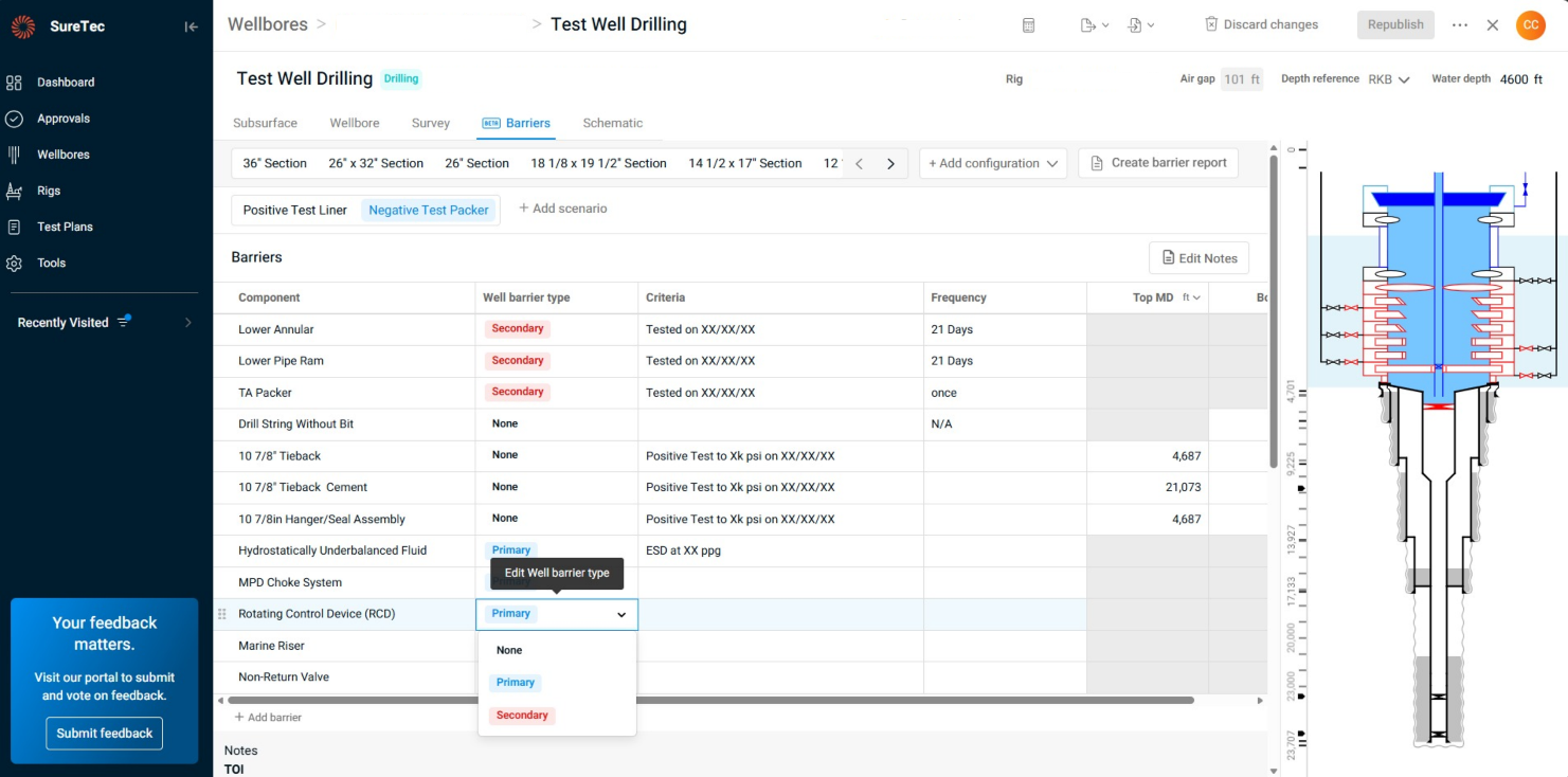 Screenshot of SureTec WellSchematic's BarrierManagement module showing barrier components, well barrier types, and test criteria for a well, alongside a wellbore schematic