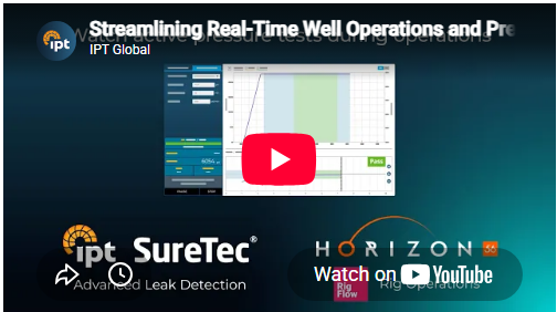Video thumbnail titled "Streamlining Real-Time Well Operations and Pressure Testing," showing a SureTec pressure test chart alongside the IPT Global SureTec and Horizon56 RigFlow logos, with a play button overlay
