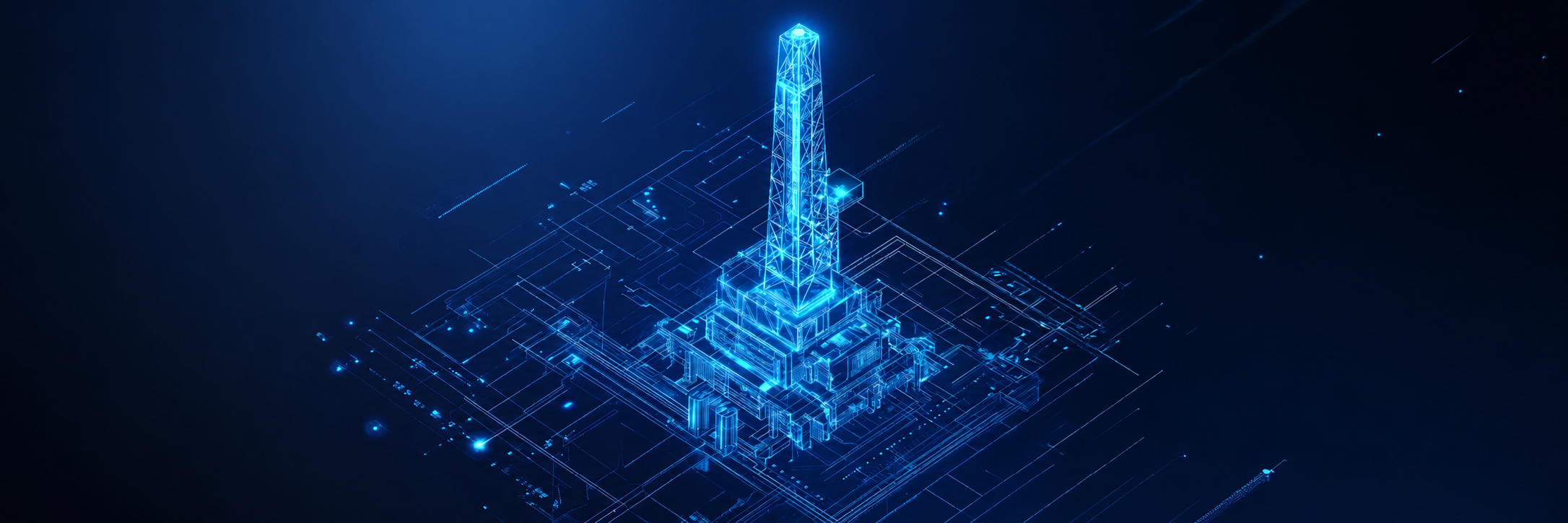 Abstract illustration of a drilling rig atop a computer CPU representing AI-driven analytics for well integrity management across the well lifecycle.