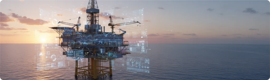 Oil and gas rig with AI graphics illustrating connected integrity analytics 