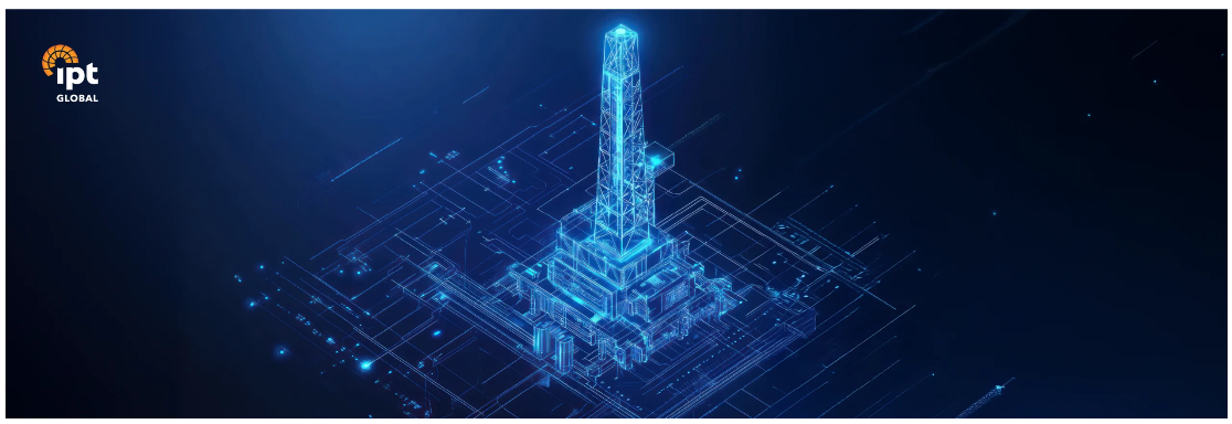 Abstract illustration of a drilling rig atop a computer CPU representing AI-driven analytics for well integrity management across the well lifecycle.