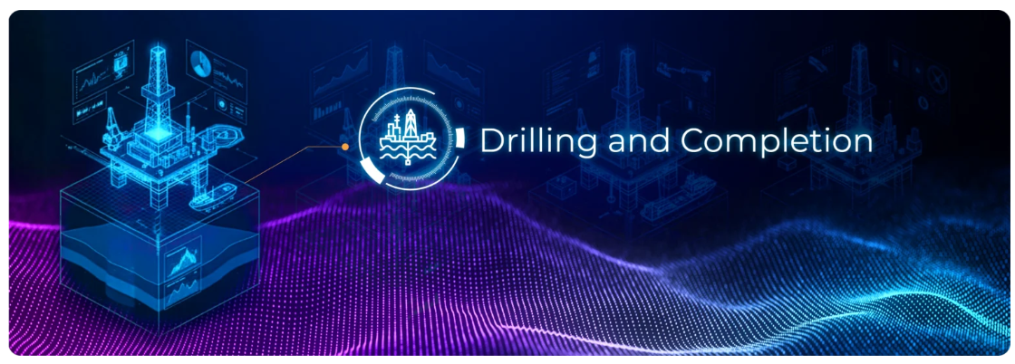 Digital illustration of an offshore rig for the drilling and completion stage of the well lifecycle