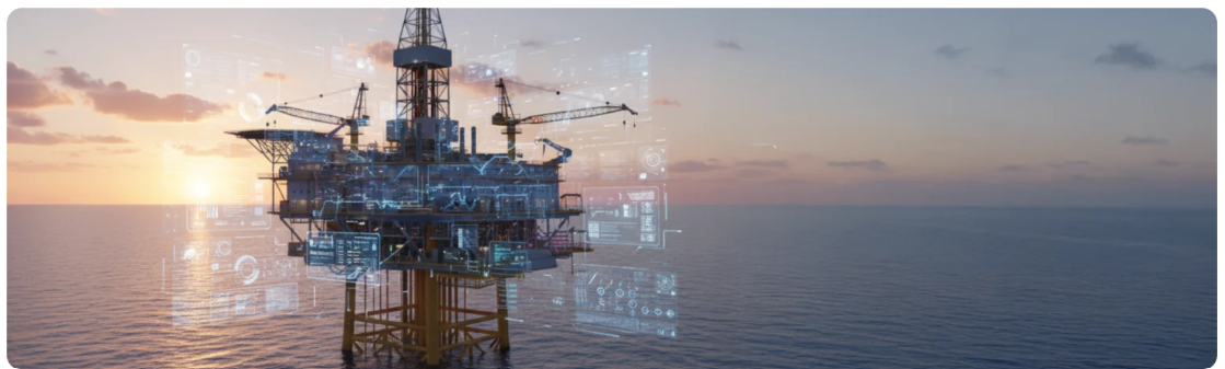 Offshore production platform at sunset with digital data overlays